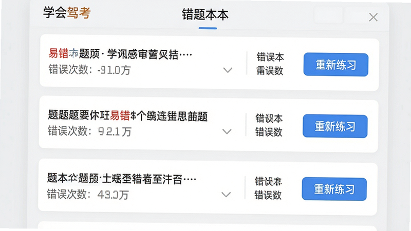 展示“学会驾考”应用内的错题本界面。主体为列表形式,每条记录包含题目摘要、错误次数和“重新练习”按钮。布局左右分明,左侧为题目内容,右侧为操作区。风格扁平化,使用浅灰色背景突出白色卡片。细节显示一个红色的“易错”标签。画质高,文字清晰,无杂乱背景。