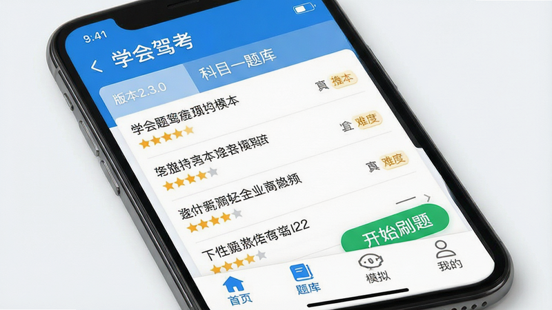 一张高清的智能手机屏幕截图,主体为“学会驾考”应用界面。布局清晰,顶部显示版本号2.3.0,中间区域展示科目一题库列表,每项包含题目文本和难度星级。底部导航栏包含“首页”、“题库”、“模拟”、“我的”四个图标。风格简洁现代,采用蓝白配色,字体清晰易读。细节处显示一个绿色的“开始刷题”按钮。画质清晰,无多余元素,干净背景。