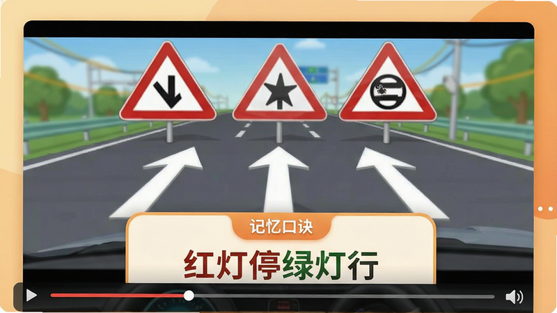 “学会驾考”视频课程界面。主体为一个视频播放器,正在播放交通标志讲解,画面中有清晰的箭头指示。布局上下结构,上方视频,下方为“记忆口诀”卡片,显示文字“红灯停绿灯行”。风格温馨,采用暖色调。细节显示进度条和音量图标。画质细腻,无模糊。