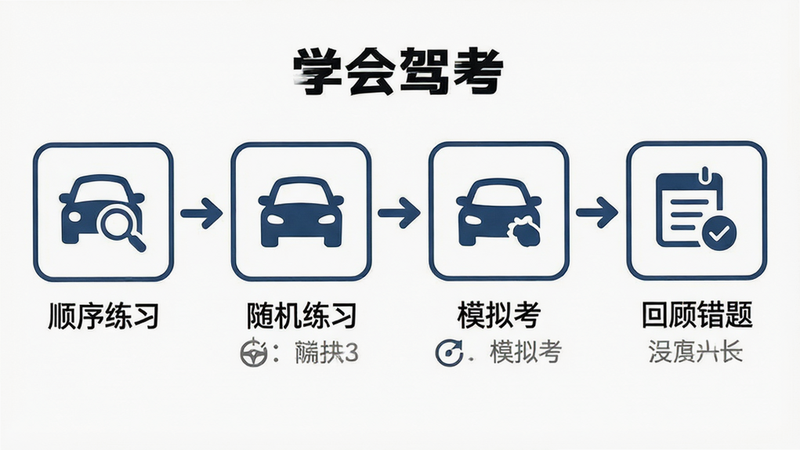 一张展示“学会驾考”高效刷题步骤的流程图。主体为四个步骤图标,依次连接:顺序练习、随机练习、模拟考、回顾错题。布局线性,从左至右。风格简约,使用箭头指示方向。细节处每个图标下方有简短文字说明。画质清晰,背景纯白,无多余装饰。