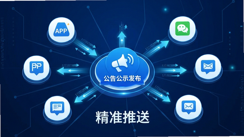 主体为信息分发路径示意图,布局呈放射状网络结构,中心为“公告公示发布”图标,四周延伸出APP、微信、短信等终端图标,排版逻辑清晰,风格为科技感蓝白配色,细节处显示数据流动的光效箭头,画质清晰,干净,文字“精准推送”位于中心下方