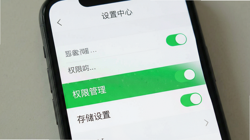 主体为手机屏幕显示软件设置界面,布局为列表式菜单,高亮显示“权限管理”与“存储设置”选项,排版简洁直观,风格为扁平化UI设计,细节处显示权限开关图标为绿色开启状态,画质清晰,干净,文字“设置中心”位于顶部