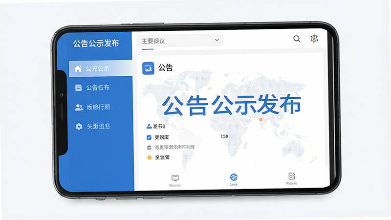 主体为“公告公示发布”安卓版软件界面全景图,布局采用左右分栏结构,左侧为功能导航栏,右侧为主要操作区,排版清晰整洁,风格为现代商务简约风,细节处体现蓝色主色调与白色背景的搭配,画质高清,干净无多余元素,文字“公告公示发布”清晰可见