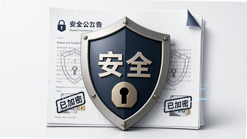 主体为安全锁盾与文档结合的概念图,布局为居中构图,盾牌位于中央保护着背后的公告文件,排版稳重有力,风格为严肃商务风,细节处盾牌上有“安全”字样,文件上有“已加密”标识,画质高,干净,无多余装饰