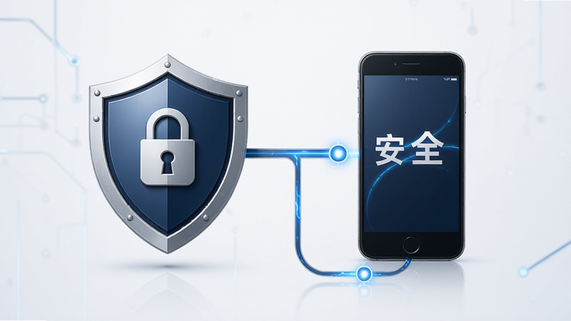 盾牌图标与手机连接的示意图,显示