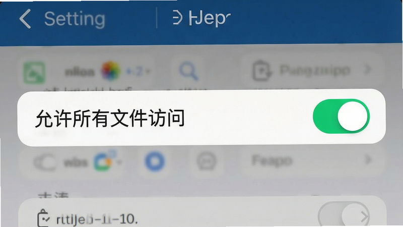 主体为手机设置界面截图,布局展示应用权限管理页面,排版清晰突出“允许所有文件访问”选项,风格为简洁UI风,细节包括开关按钮的高亮状态,画质清晰,干净,无多余元素
