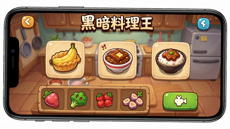 主体为一部智能手机屏幕,显示《黑暗料理王》游戏主界面,布局清晰展示厨房场景、食材栏及烹饪按钮,排版为竖屏游戏UI风格,风格为卡通插画风,细节包括各种奇异食材如香蕉派、卤肉饭的图标,画质高清,干净,无多余元素