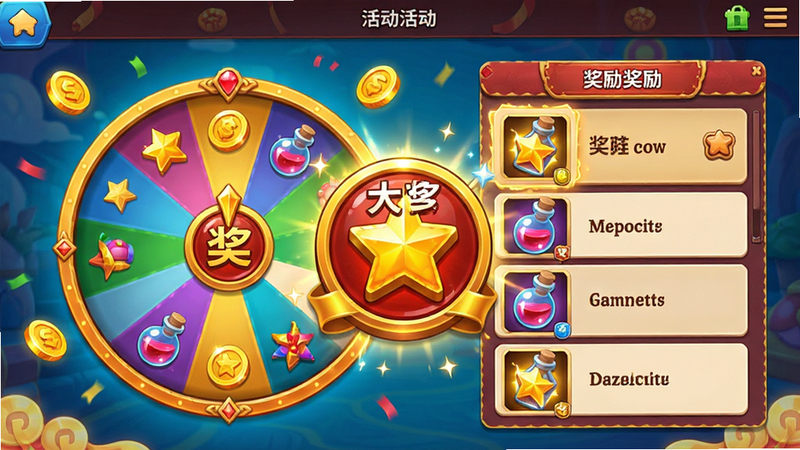 主体为游戏内的活动界面,布局展示转盘抽奖与奖励列表,排版突出大奖图标,风格为热闹喜庆风,细节包括金币与药水的图标闪烁效果,画质鲜艳,干净,无多余元素