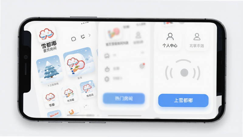 主体为雪都嘟手机应用界面预览图,布局展示首页语音房间列表和个人中心入口,排版清晰整洁,风格为现代扁平化UI设计,细节包含图标阴影和高亮按钮,画质高清,干净,无多余元素,文字标签包含