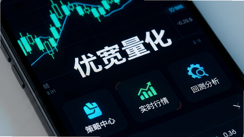 一张高清手机屏幕特写,主体为优宽量化APP界面,深色背景搭配霓虹蓝绿色K线图表,中央显示'优宽量化'白色大字Logo,下方排列着'策略中心'、'实时行情'、'回测分析'三个功能图标,整体风格科技感强,布局整洁,画质清晰,无多余元素