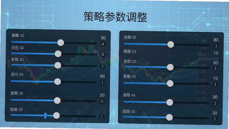 优宽量化APP策略配置界面截图,显示滑块调节参数,背景为淡蓝色科技感网格,文字'策略参数调整'清晰可见,布局左右对称,细节精致,高清渲染