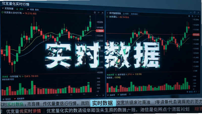 优宽量化实时行情界面,多屏K线图并列展示,红色绿色蜡烛图鲜明,底部有滚动新闻条,整体色调冷峻专业,文字'实时数据'高亮,画质细腻,无杂点