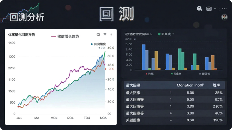 优宽量化回测报告页面,折线图展示收益增长趋势,柱状图对比胜率,表格列出最大回撤等关键数据,界面简洁明了,文字'回测分析'突出,高清矢量风格