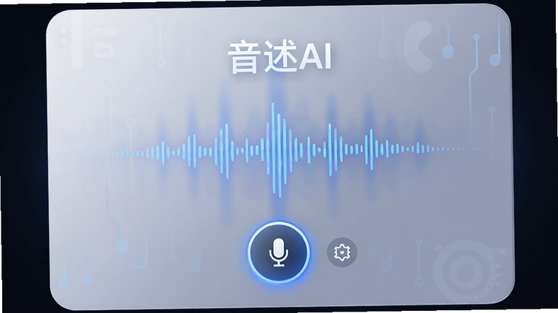 主体为音述AI应用界面,布局采用极简主义设计,中央显示语音波形动画,上方有