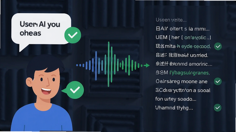主体为音述AI语音识别场景,布局左侧显示用户说话气泡,右侧显示实时转写的文字,中间连接波形图,风格扁平化,细节处有绿色对勾表示识别成功,画质清晰,无杂乱背景