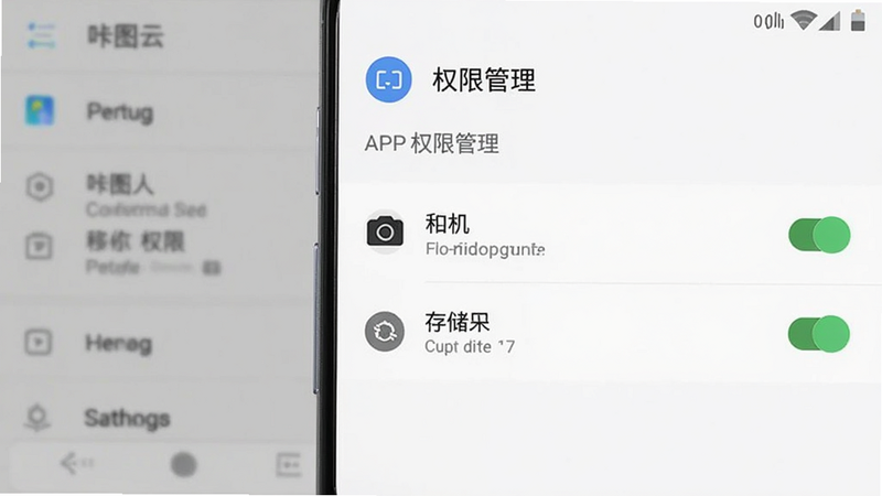 手机设置界面截图,显示咔图云APP在“权限管理”中的状态,相机与存储权限均为开启状态,背景为模糊的安卓系统设置菜单,高清,清晰可见,简洁风格