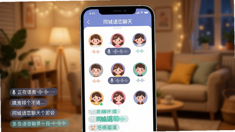 主体为手机界面展示多人语音房场景,界面中有多个圆形头像麦位,部分麦位显示正在说话的波形,背景为模糊的室内温馨场景,布局整齐,排版清晰,风格活泼可爱,细节处显示聊天弹幕滚动,画质高,干净,文字内容包含