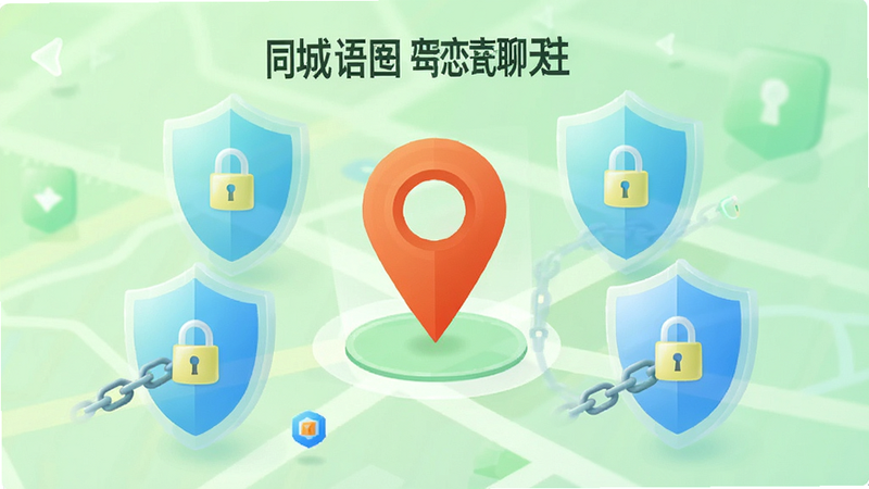 主体为地图界面与盾牌保护图标结合,背景为浅绿色清新风格,布局中心是定位大头针,周围环绕半透明盾牌,排版简洁,风格安全可信,细节处体现数据加密锁链,画质清晰,干净,文字内容包含