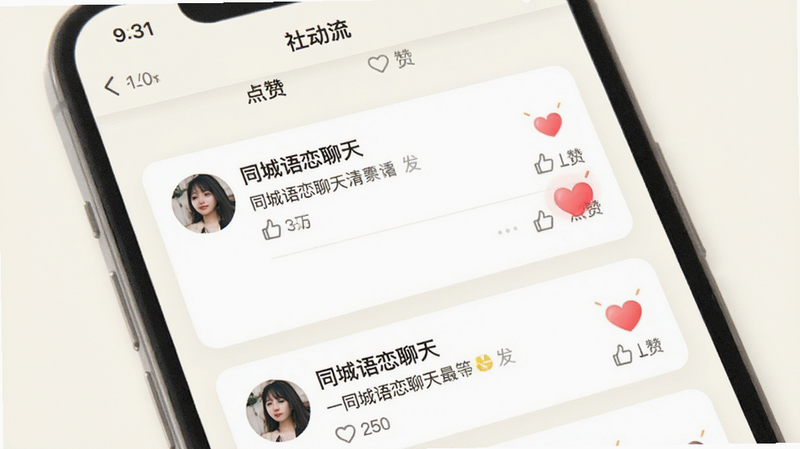 主体为手机界面展示社区动态流,背景为柔和的米白色,布局为卡片式设计,每张卡片包含用户头像、文字动态和点赞数,排版美观,风格文艺清新,细节处体现点赞爱心动画,画质高,干净,文字内容包含