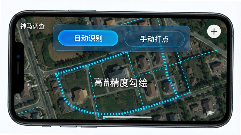展示“神马调查”地图勾绘功能的特写图,主体为手机屏幕上的卫星地图,布局为全屏地图视图,上方叠加半透明操作栏,排版突出“自动识别”与“手动打点”按钮,风格为科技蓝配色,细节显示地块边界由亮蓝色虚线构成,画质高清,干净,无多余元素,文字标注为“高精度勾绘”