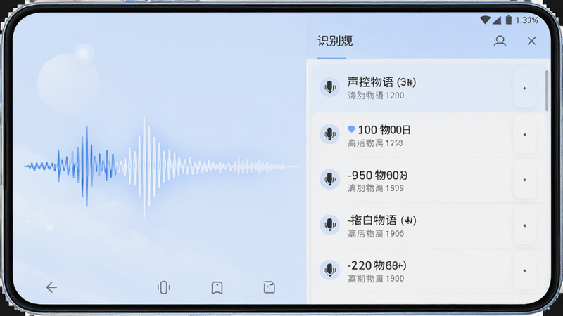 画面主体为声控物语安卓应用界面,布局清晰,左侧显示语音波形动画,右侧展示识别结果列表,排版采用极简主义风格,色调以淡蓝和白色为主,细节处有柔和的光影效果,高清画质,干净无多余元素