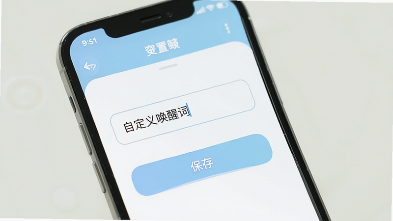 声控物语软件自定义指令设置界面,屏幕上显示一个输入框,内有文字“自定义唤醒词”,下方有“保存”按钮,主体为手机界面,布局清晰,排版简洁,风格清新,色调柔和,高清画质,干净无多余元素