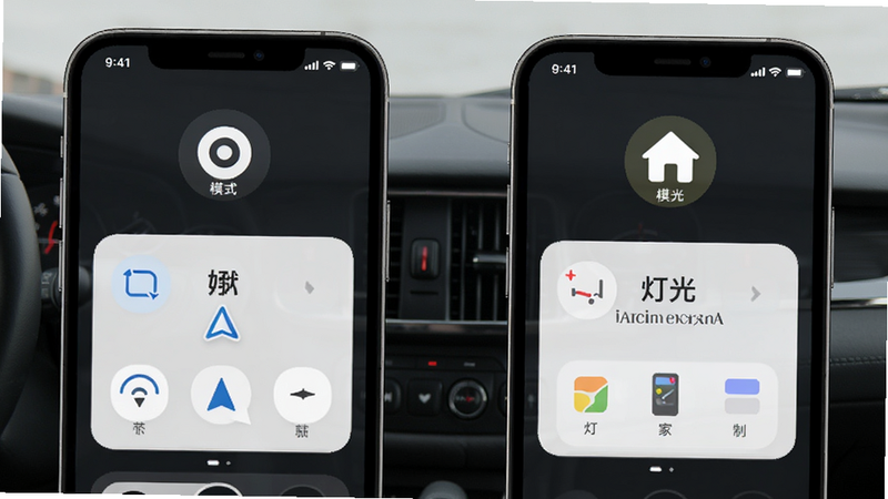 声控物语软件界面展示场景适配功能,画面中手机屏幕分为左右两部分,左侧显示驾驶模式图标和导航指令,右侧显示家居模式图标和灯光控制指令,布局对称,排版整齐,风格现代简约,色彩明快,高清画质,干净无多余元素