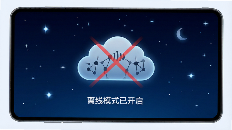 声控物语软件离线模式界面,屏幕中央显示一个云朵被划线表示无网络,下方显示“离线模式已开启”提示,背景为深蓝色夜空,主体突出,布局居中,风格科技感强,细节处有星光点缀,高清画质,干净无多余元素