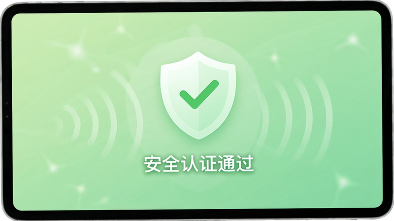 声控物语软件安全认证界面,屏幕中央显示一个盾牌图标,内有对勾,下方文字显示“安全认证通过”,背景为浅绿色渐变,主体突出,布局简洁,风格信任感强,高清画质,干净无多余元素