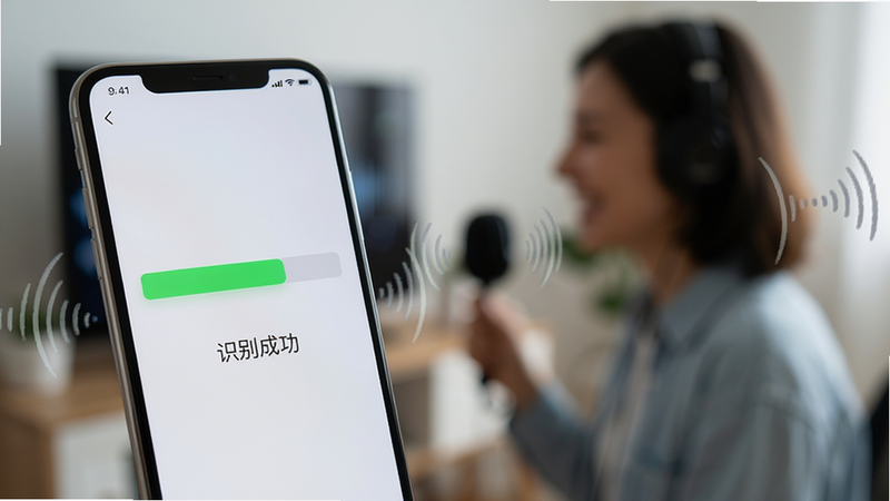 展示声控物语软件在嘈杂环境中进行语音识别的场景,主体为手机屏幕,屏幕上显示绿色的识别进度条和“识别成功”字样,背景虚化,体现软件在复杂环境下的稳定性能,风格写实,细节丰富,高清画质,干净无多余元素