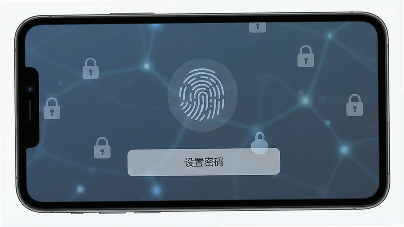 声控物语软件隐私设置界面,屏幕显示指纹识别图标和“设置密码”选项,布局清晰,色调冷静,风格专业,细节处有锁形图标装饰,高清画质,干净无多余元素