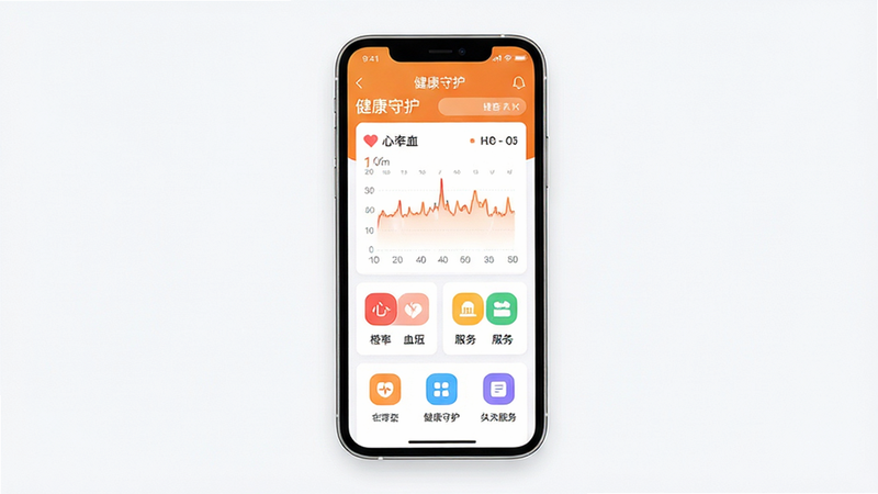 橙杏守护App界面全景图,主体为手机屏幕展示健康数据仪表盘,布局清晰包含心率血压图表与服务入口图标,排版采用扁平化设计,风格简洁现代,细节处显示“健康守护”字样,画质高清,背景干净无多余元素,文字清晰可读