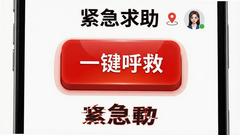 橙杏守护紧急求助界面特写,主体为巨大的红色“一键呼救”按钮,布局居中突出,排版简洁大气,风格警示性强,细节显示定位图标与联系人头像,画质高亮,背景纯白无干扰,文字“紧急求助”加粗显示