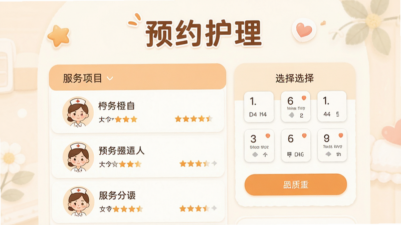 橙杏守护服务预约页面,主体为服务项目列表与时间选择器,布局分栏清晰,排版友好易读,风格温馨亲切,细节显示护士卡通图标与服务评分,画质柔和,无多余装饰,文字“预约护理”清晰可见