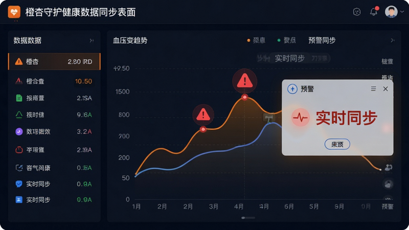橙杏守护健康数据同步界面,主体为折线图展示血压变化趋势,布局分为数据列表与预警弹窗,排版紧凑有序,风格科技感强,细节显示红色预警图标,画质清晰,无杂色干扰,文字“实时同步”醒目