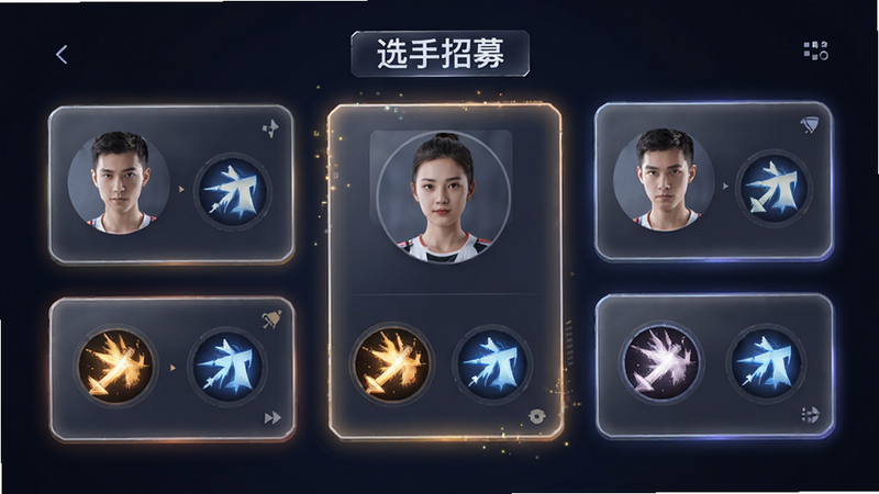 主体为选手招募界面,布局为卡片式展示,每个卡片显示头像和技能图标,风格精致,细节包含卡片边缘的光晕效果,画质清晰,干净,无多余元素,文字标签
