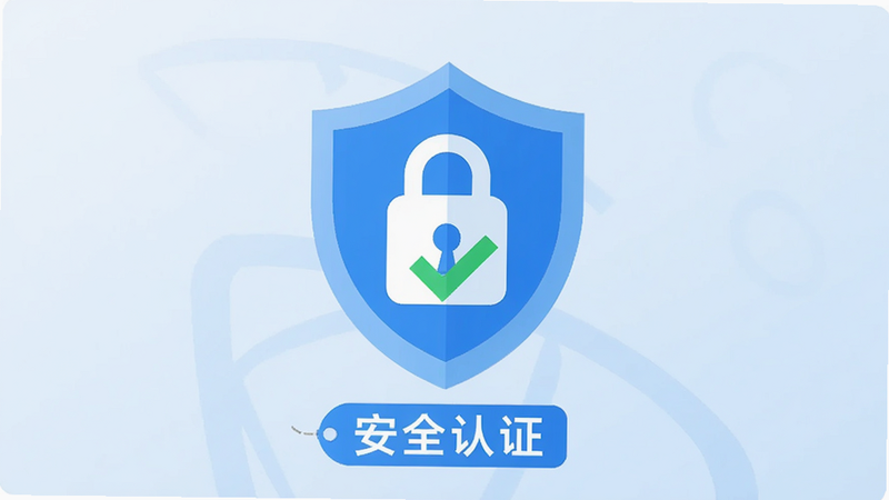 主体为安全盾牌图标,布局居中,背景为淡蓝色渐变,风格扁平,细节包含锁形图案和对勾标记,画质干净,无多余元素,文字标签