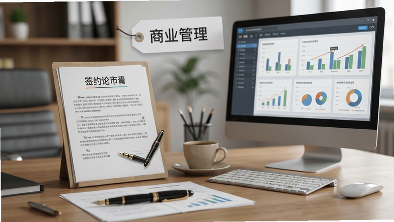 主体为俱乐部办公室场景,布局展示签约合同和资金流动图表,风格商务休闲,细节包含钢笔、咖啡杯和电脑屏幕上的数据,画质柔和,干净,无多余元素,文字标签