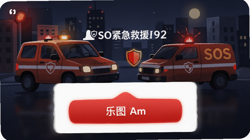 乐图APP的SOS紧急救援功能界面,红色醒目按钮设计,背景为紧急求救场景插画,强调安全与保障,界面简洁直观,高对比度,清晰易读,无复杂背景,专业安全设计风格,高清画质