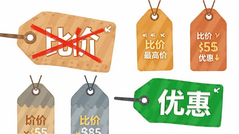 图表风格插画,展示多个价格标签对比,最高价被红色划线,最低价被绿色高亮,背景为白色,风格扁平化,细节精致,画质高清,文字包含