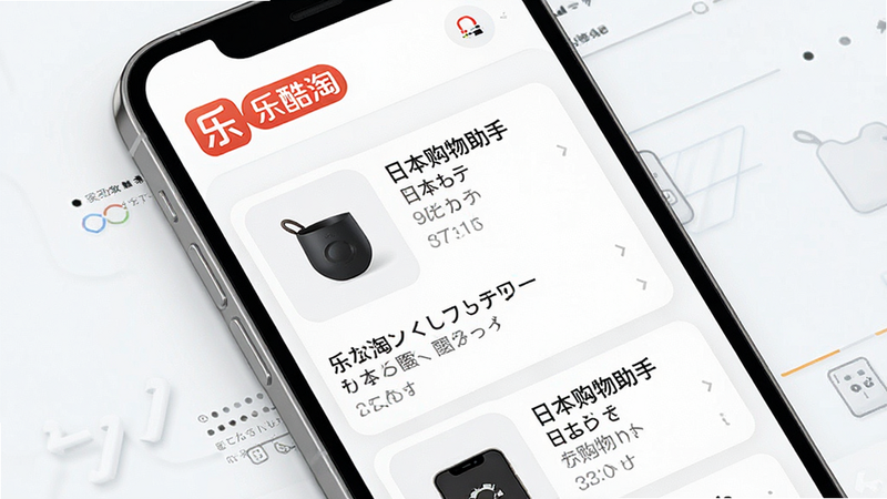 一张展示乐酷淘App主界面的高质量UI设计图,主体为手机屏幕,布局清晰,显示日文商品列表与中文翻译对照,风格现代简约,细节丰富,画质高清,干净无多余元素,文字包含