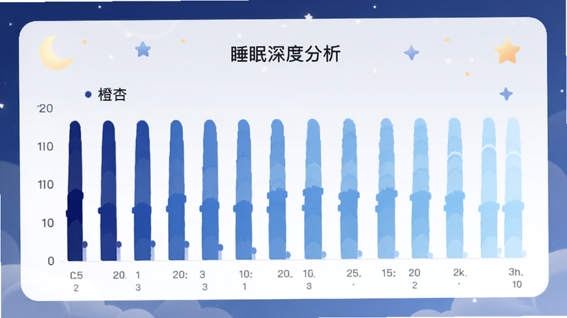 չʾ�����ػ�APP��˯�߷���ҳ�棬����Ϊ�ֶ�ʽ��˯����״ͼ�����ֺ������У���ɫ��������ǳ�����������ͬ˯�߽׶Σ�������������ϸ�ڴ�������������װ�Σ�����ϸ�壬�ɾ����޶���Ԫ�أ�ͼ�а������֡�˯����ȷ�����