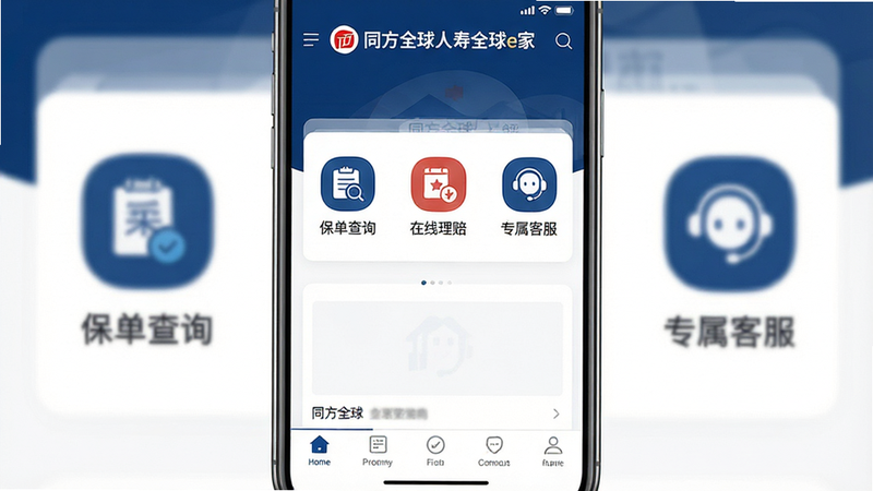 一张高清手机界面截图,主体为“同方全球人寿全球e家”APP首页,布局整洁,顶部显示品牌Logo,中间区域展示“保单查询”、“在线理赔”、“专属客服”三个核心功能图标,底部为导航栏,风格为扁平化商务UI,色调为深蓝与白色搭配,细节处体现专业感,画质清晰,无多余元素