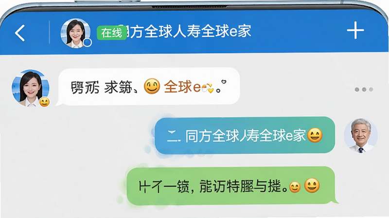 手机聊天界面,显示“同方全球人寿全球e家”APP的客服对话窗口,左侧为用户提问气泡,右侧为客服回复气泡,背景为白色,顶部显示客服头像和“在线”状态,布局清晰,风格友好亲切,细节处有表情符号点缀,画质清晰,无多余装饰