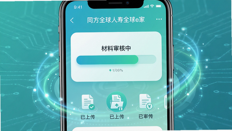 手机界面展示“同方全球人寿全球e家”APP的理赔进度页,中间有一个醒目的进度条,显示“材料审核中”,下方列出已上传的文件图标,整体色调为清新的蓝绿色,布局居中对称,风格科技感强,细节处有动态光效暗示,画质精细,无干扰元素