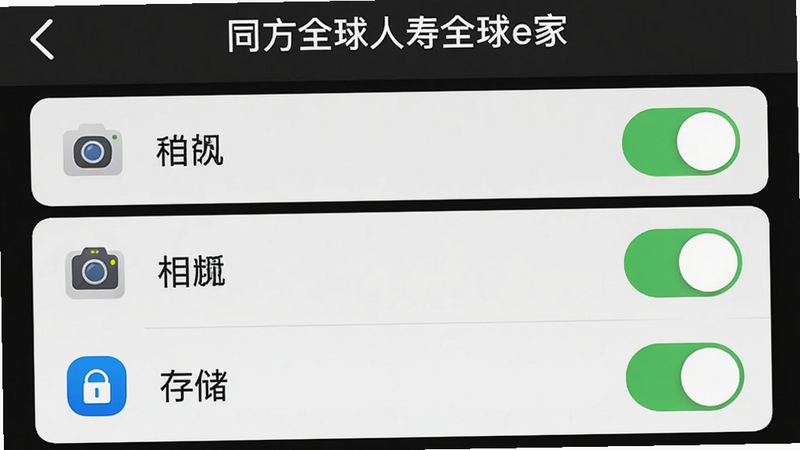 手机设置界面截图,显示“同方全球人寿全球e家”APP的权限管理页面,高亮显示“相机”、“存储”权限开关为开启状态,背景为深色模式,布局清晰,风格简洁,细节处有图标标识,画质清晰,无多余元素