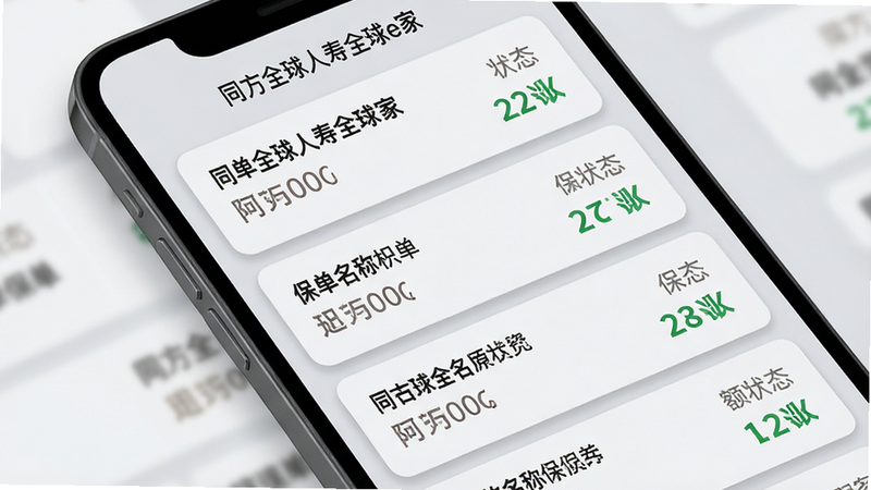 手机屏幕特写,显示“同方全球人寿全球e家”APP内的保单列表界面,卡片式设计,每张卡片清晰列出保单名称、保额和状态,背景为浅灰色,文字清晰易读,布局紧凑有序,风格现代简洁,细节处有微阴影效果,画质高,干净无杂点