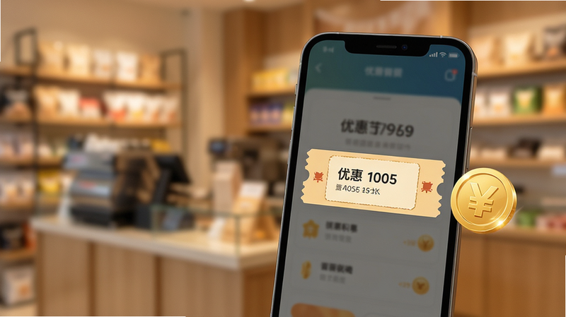 一张写实风格图片,展示手机屏幕上弹出的优惠券界面,旁边有金币积分图标,背景为虚化的门店环境,主体突出手机屏幕内容,布局紧凑,排版美观,风格温馨,细节生动,画质4K,干净无多余元素