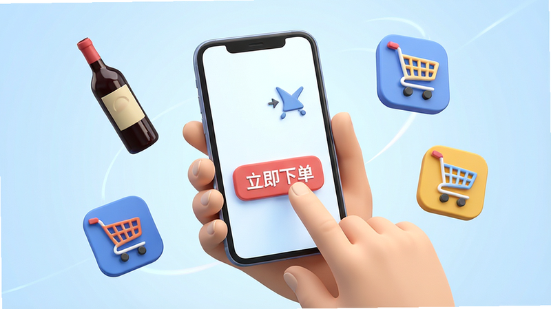 一张3D渲染风格图片,主体是一只手拿着手机点击“立即下单”按钮,周围漂浮着酒瓶、购物车等图标,背景为淡蓝色渐变,布局中心聚焦,排版动感,风格科技,细节精致,画质超清,干净无多余元素