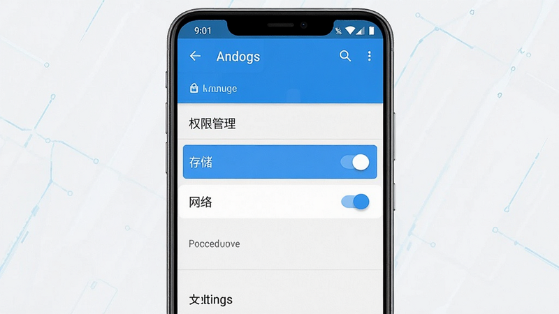 一张手机安全设置界面示意图,显示“权限管理”选项,高亮显示“存储”和“网络”权限开关,背景为安卓系统设置界面,主体为手机屏幕,布局垂直排列,排版简洁,风格科技,细节清晰,画质高清,干净无多余元素